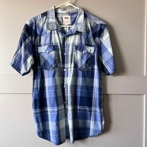 Levi's Western Shirt Mens Large Blue Pearl Snap Plaid Short Sleeve Cowboy‎